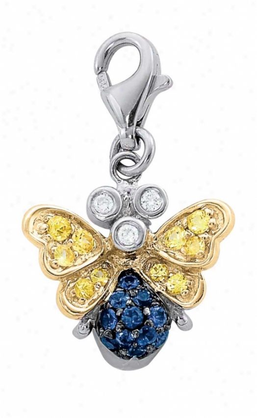 14k Two-tone Moth Round 1.5 Mm Sapphire And Diamond Charm