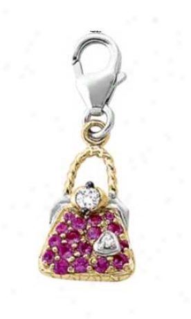 14k Two-tone Purse 15. Mm Pink Sapphire And Diamond Charm