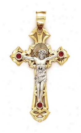 14k Two-tone Shallow Crucifix Red Cz Pendant
