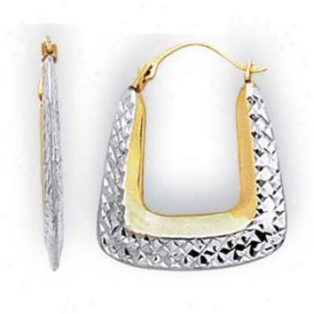 14k Two-tone Small Square Diamonf-cut Hoop Earrinys