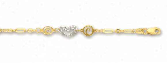 14k Two-tone Spiral Abe Design Heart Anklet - 10 Inch