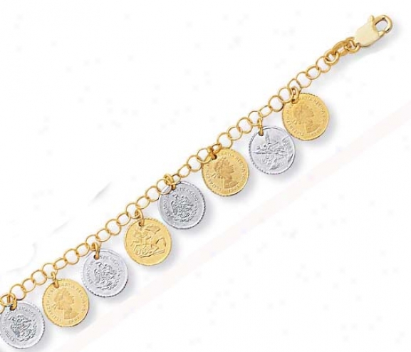 14k Two-ton Stylish Drop Coin Design Bracelet - 7.5 Inch