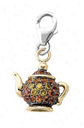 14k Two-tone Tea Pot Oranve Sapphire And Diamond Charm