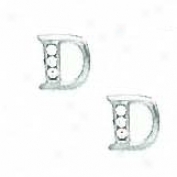 14k White 1.5 Mm Round Cz Initial D Post Earrings