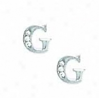 14k White 1.5 Mm Round Cz Initial G Post Earrings