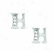 14k White 1.5 Mm Round Cz Initial H Post Earrings