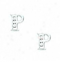 14k White 1.5 Mm Round Cz Initial P Stigmatize  Earrings