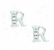 14k White 1.5 Mm Round Cz Initial R Post Earrings