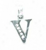 14k White 1.5 Mm Round Cz Initial V Pendant