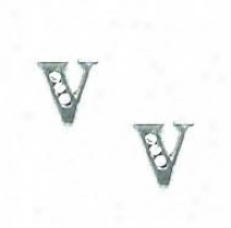 14k White 1.5 Mm Round Cz Initial V Post Earrings