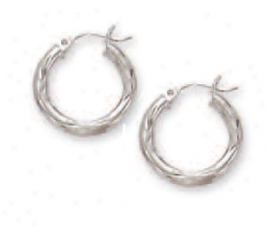 14k White 3 Mm Diamond-cut Hoop Earrings