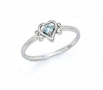 14k White 3mm Blue Topaz Heart Ring