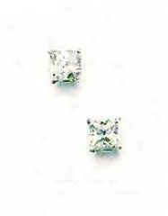 14k White 4 Mm Square Cz Friction-back P0st Stud Earrings