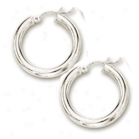14k White 4x25 Mm Conspicuous Shiny Hoop Earrings