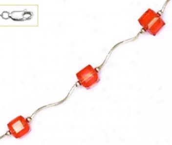 14k White 6 Mm Cube Orange Crystal Necklace