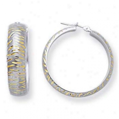 14k White 6 Mm Modern Design Diamond-cut Hoop Earrings