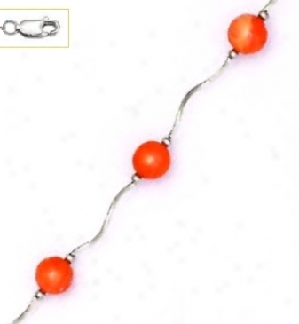 14k White 7 Mm Round Coral-orange Crystal Pearl Necklace - Ch