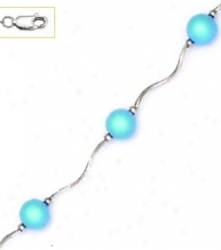 14k White 7 Mm Roudn Turquoise-blue Crystal Pearl Necklace -