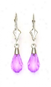 14k White 9x6 Mm Briolette Light-amethyst Crystal Earrings