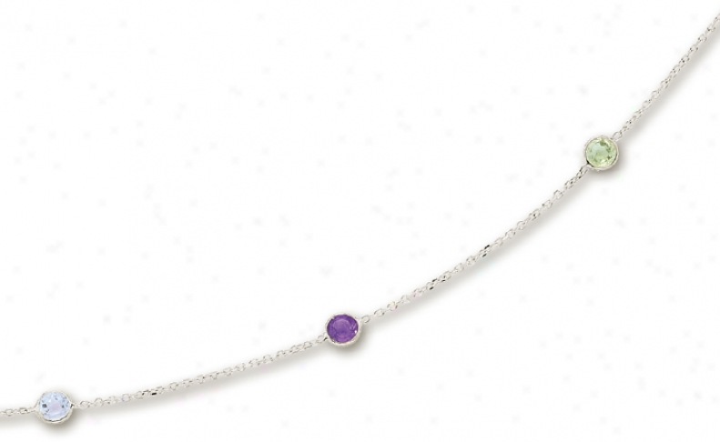 14k White Besel Set Gemstone Neckoace - 16 Inch