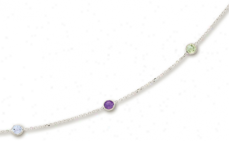 14k White Besel Set Gemstone Necklace - 18 Inch