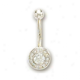 14k White Bezel And Round Cubic Zirconia Belly Ring