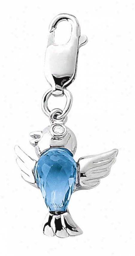 14k White Fowl Round 1.5 Mm Blue Topaz And Diamonc Charm