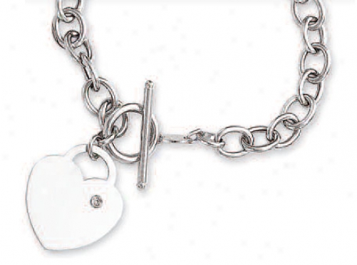 14k White Bold Heart Charm Toggle Diamond Bracelet - 7.5 Inc