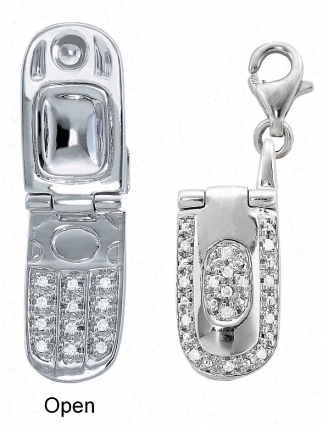 14k White Cell Phone Round 1.5 Mm Diamond Charm