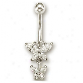 14k White Cz Butterfly Link Cubic Zirconia Belly Ring