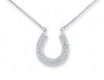 14k White Diamond-cut Steed Shoe Necklace - 17 Inch