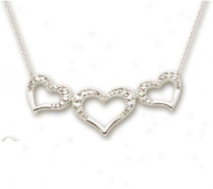 14k White Dizmond-cut Triple Heart Shaped Necklace - 17 Inch