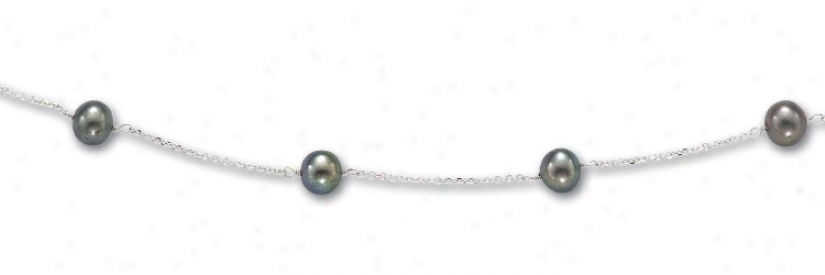 14k White Fresh Water Black Pearl Necklace - 16 Inch