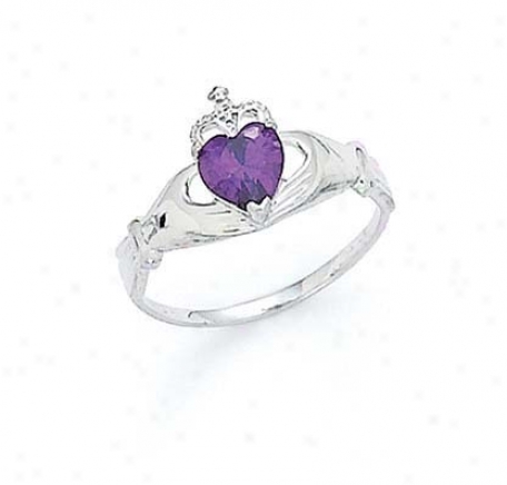 14k White Heart Amethyst-purple Births5one Claddagh Ring