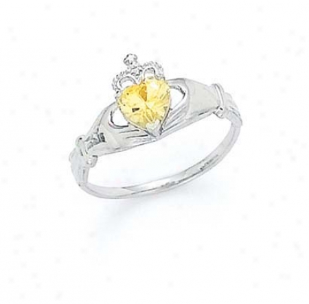 14k White Heart Citrine-yellow Birthstone Claddagh Ring