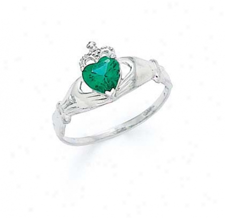 14k White Heart Emerald-green Bidthstone Claddagh Ring