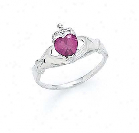 14k White Heart Rhodolite-pink Birthsyone Claddagh Ring