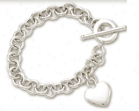 14k White Heart Shaped Charm And Toggle Bracelet - 7.5 Inch