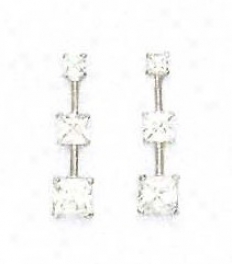 14k White Piincess Cz Three-stone Post Earrings