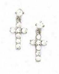 14k White Round Cz Cross Friction-back Post Earrings