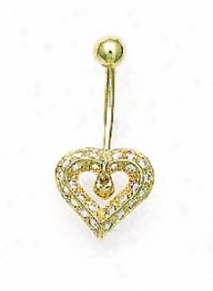 14k Yellow 1 Mm Round Cz Open Heart Belly Ring