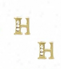 14k Yellow 1.5 Mm Round Cz Initial H Post Earrings