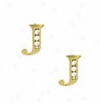 14k Yellow 1.5 Mm Round Cz Initial J Post Earrings