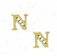 14k Yellow 1.5 Mm Roune Cz Initial N Post Earrings