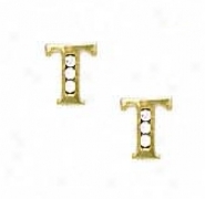 14k Yellow 1.5 Mm Round Cz Initial T Post Earrings