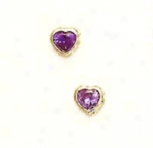 14k Yellow 4 Mm Heart Amethyst-purple Cz Earrings