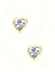 14k Yellow 4 Mm Heart Aquamarjne-blue Cz Earrings