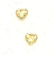 14k Yellow 4 Mm Heart Citrine-yellow Cz Earrings