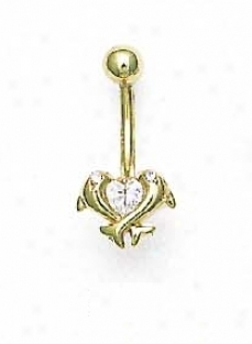 14k Yellow 4 Mm Heart Cz Double Dolphin Belly Ring