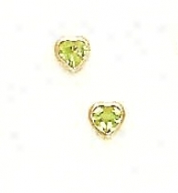 14k Yellow 4 Mm Heart Peridot-green Cz Earrinngs